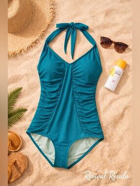 Cupshe Tummy Control Halter One Piece Swimsuit Teal Ruched Plus 2X Beach Resort